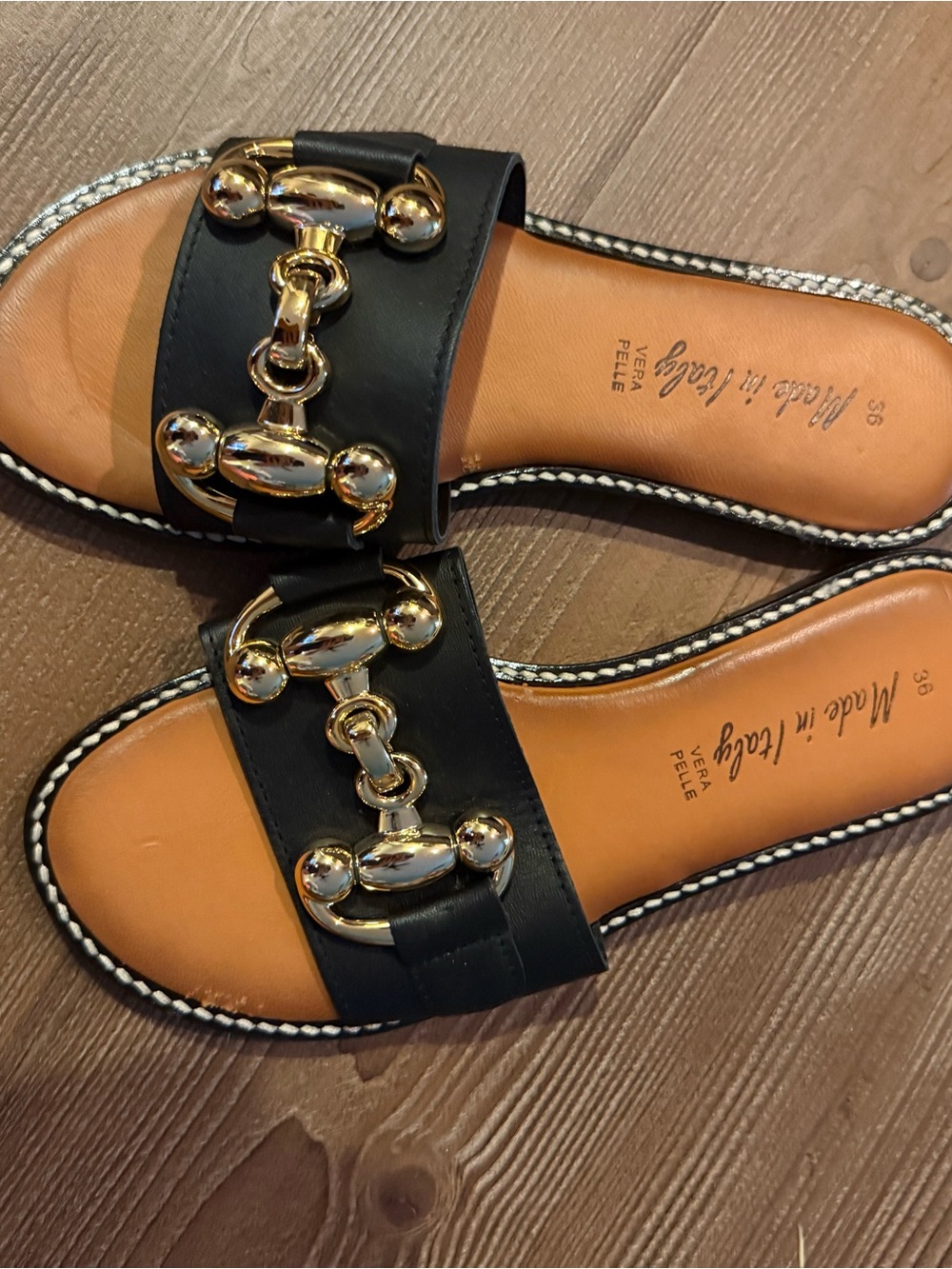 Vera Pelle Black Slide Sandals with Gold Hardware